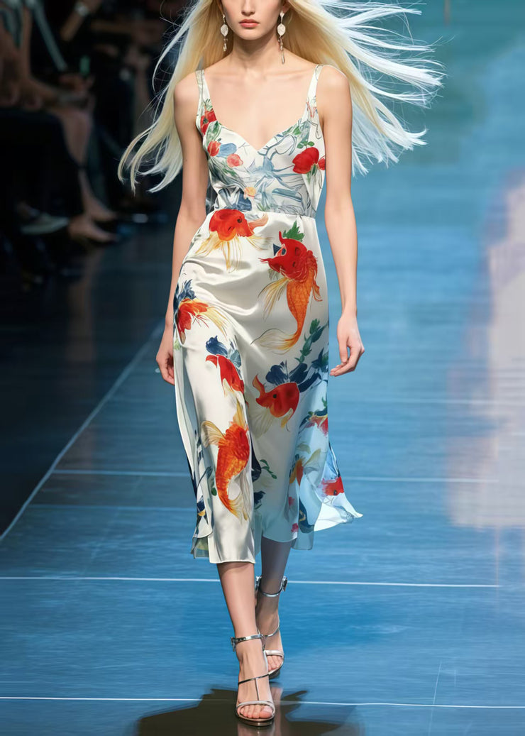 Beautiful Koi Fish Print Draping Silk Cami Dresses Summer