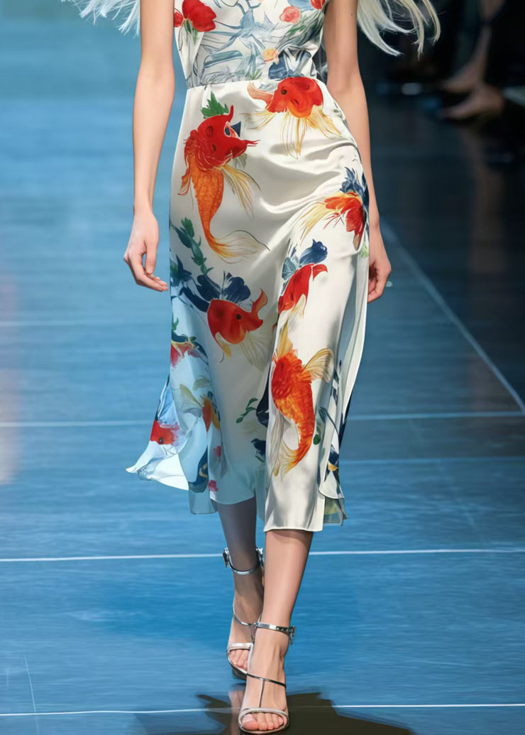 Beautiful Koi Fish Print Draping Silk Cami Dresses Summer