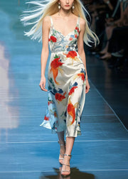 Beautiful Koi Fish Print Draping Silk Cami Dresses Summer
