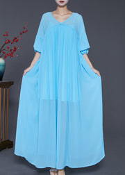 Beautiful Lake Blue Oversized Wrinkled Chiffon Maxi Dress Fall