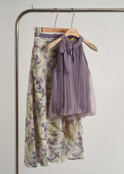 Beautiful Lavender Cold Shoulder Print Tulle Two Pieces Set Summer