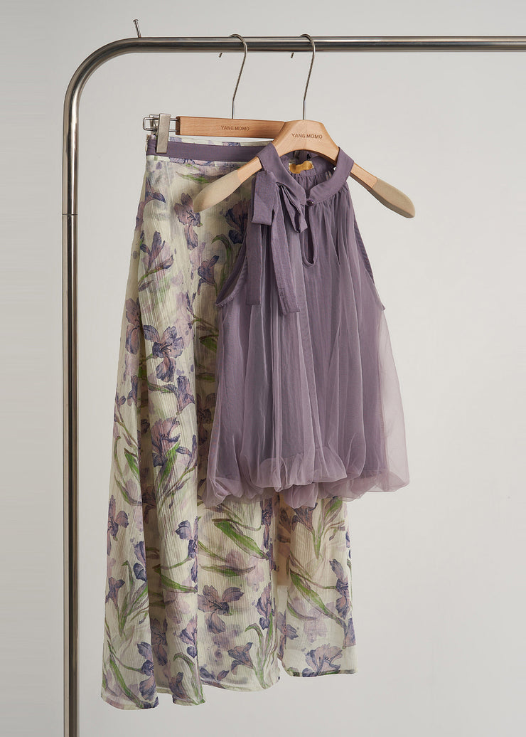 Beautiful Lavender Cold Shoulder Print Tulle Two Pieces Set Summer