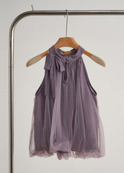 Beautiful Lavender Cold Shoulder Print Tulle Two Pieces Set Summer