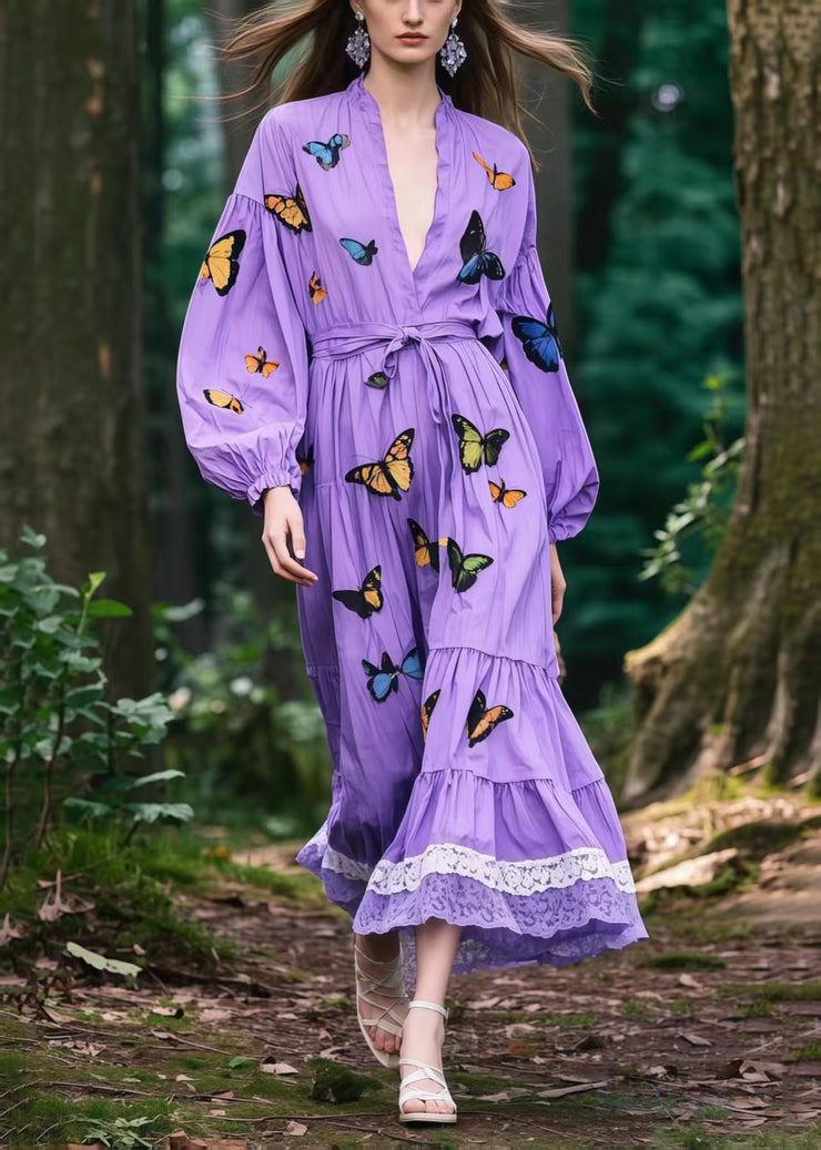 Beautiful Lavender Tie Waist Butterfly Cotton Vacation Dress Spring