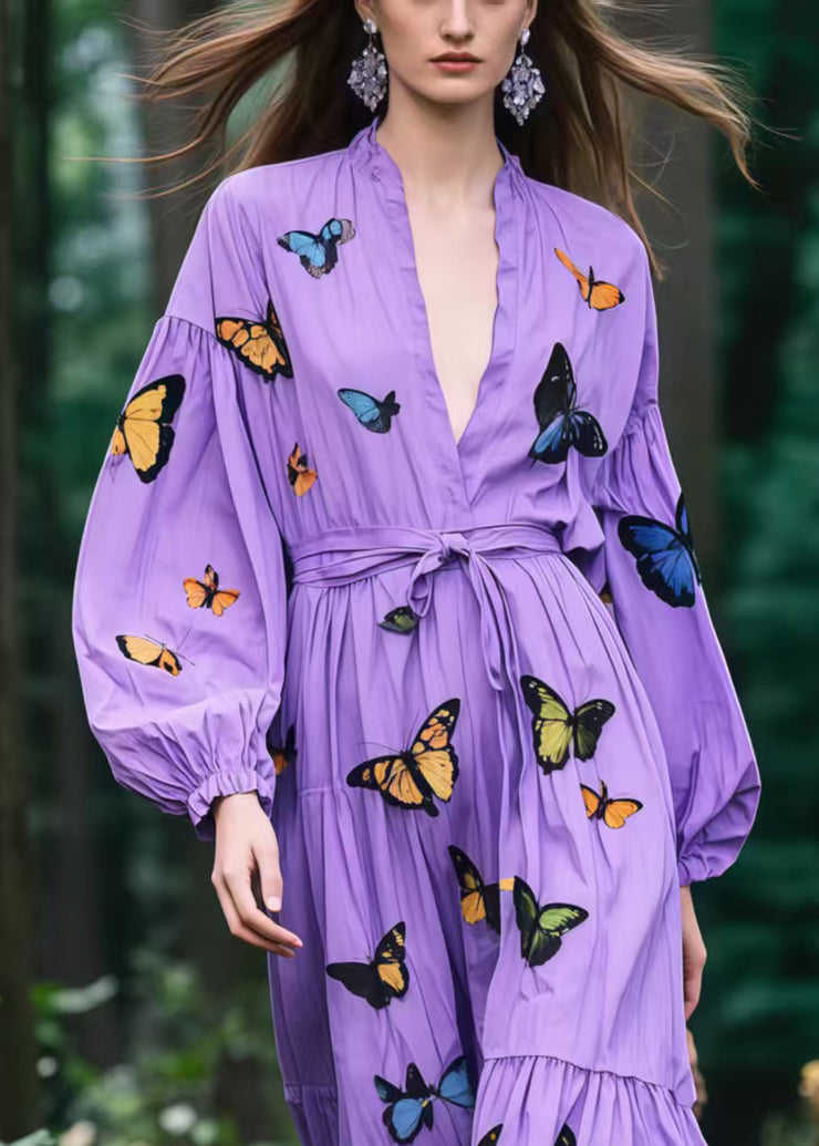 Beautiful Lavender Tie Waist Butterfly Cotton Vacation Dress Spring