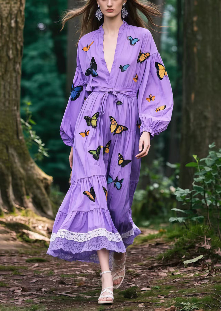 Beautiful Lavender Tie Waist Butterfly Cotton Vacation Dress Spring