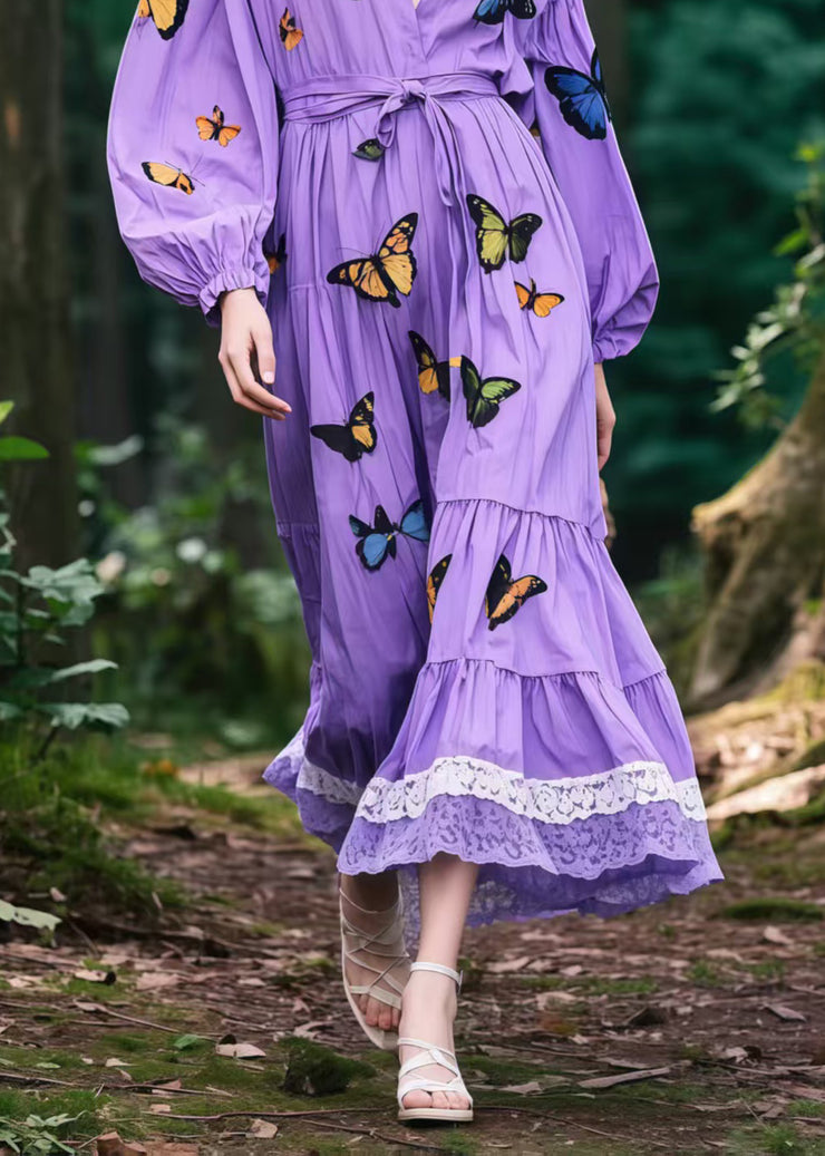 Beautiful Lavender Tie Waist Butterfly Cotton Vacation Dress Spring