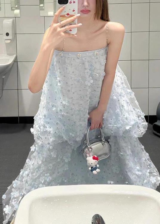 Beautiful Light Blue Floral Decorated Tulle Party Dress Summer