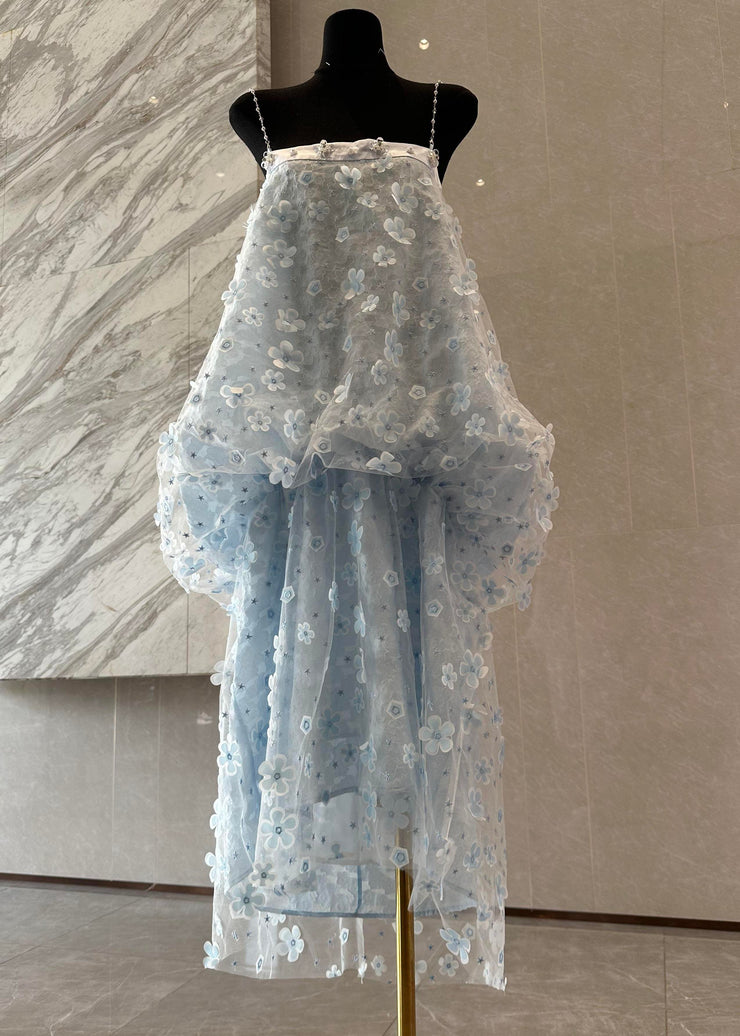 Beautiful Light Blue Floral Decorated Tulle Party Dress Summer