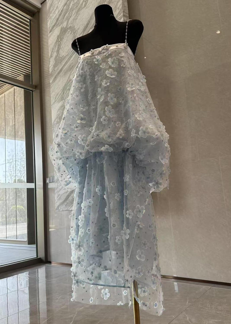 Beautiful Light Blue Floral Decorated Tulle Party Dress Summer