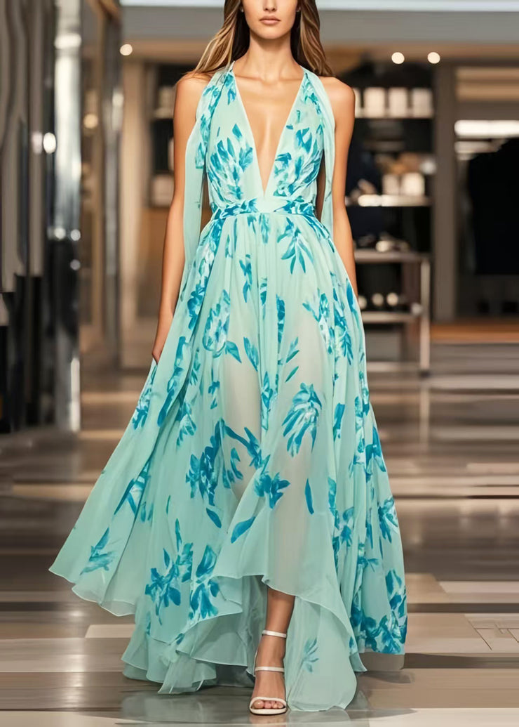 Beautiful Light Blue Print Exra Large Hem Chiffon Sundress Summer