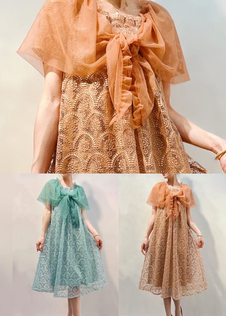Beautiful Light Coffee Ruffled Patchwork Lace Mid Dress Summer