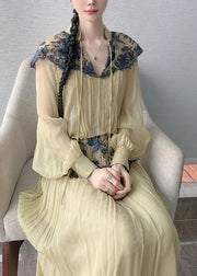 Beautiful Light Green Lace Patchwork Top And Maxi Skirts Two Piece Set Lantern Sleeve