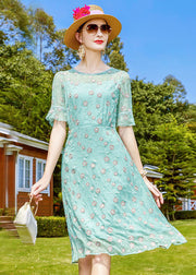Beautiful Light Green O-Neck Embroideried Silk Mid Dresses Short Sleeve
