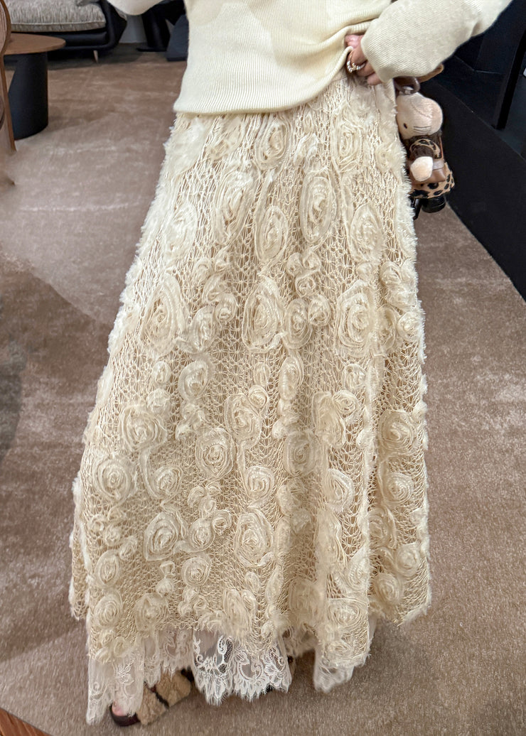 Beautiful Light Yellow Floral Elastic Waist A Line Skirt Fall