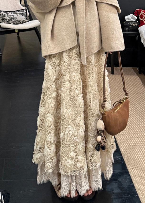 Beautiful Light Yellow Floral Elastic Waist A Line Skirt Fall