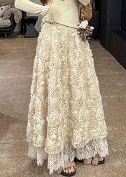 Beautiful Light Yellow Floral Elastic Waist A Line Skirt Fall