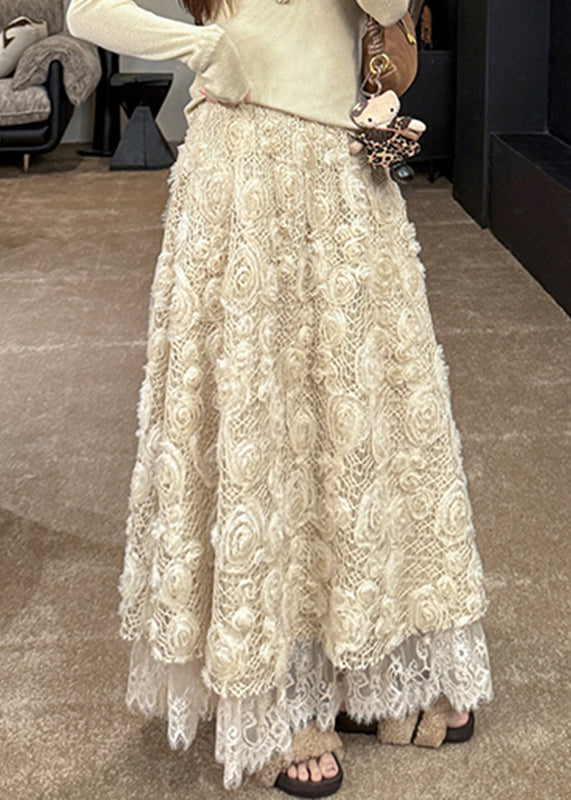 Beautiful Light Yellow Floral Elastic Waist A Line Skirt Fall