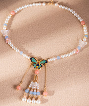Beautiful Multicolor Alloy Pearl Resin Colored Glaze Floral Tassel Kids Pendant Necklace
