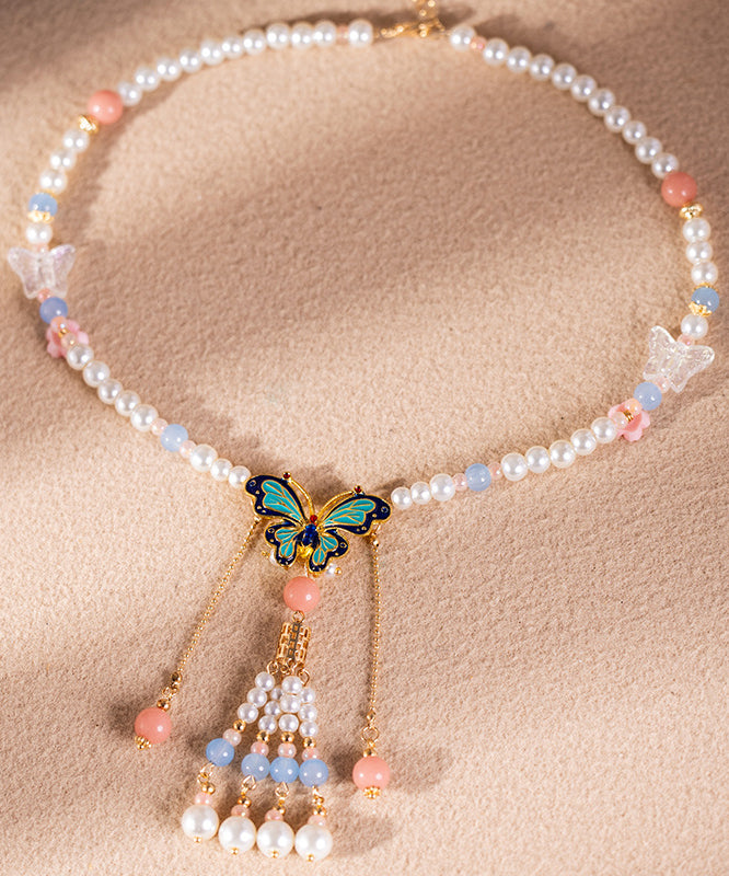 Beautiful Multicolor Alloy Pearl Resin Colored Glaze Floral Tassel Kids Pendant Necklace