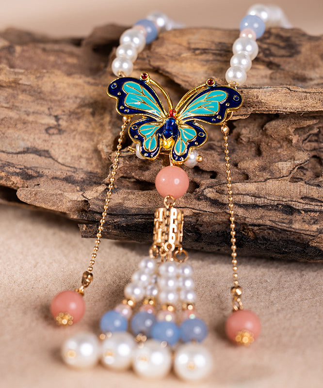 Beautiful Multicolor Alloy Pearl Resin Colored Glaze Floral Tassel Kids Pendant Necklace