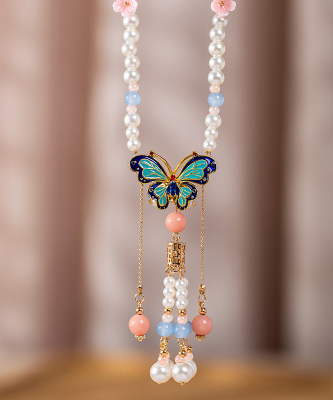 Beautiful Multicolor Alloy Pearl Resin Colored Glaze Floral Tassel Kids Pendant Necklace