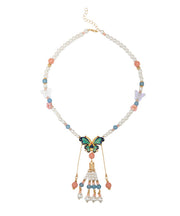 Beautiful Multicolor Alloy Pearl Resin Colored Glaze Floral Tassel Kids Pendant Necklace
