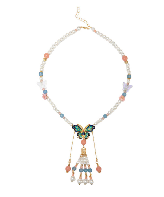 Beautiful Multicolor Alloy Pearl Resin Colored Glaze Floral Tassel Kids Pendant Necklace