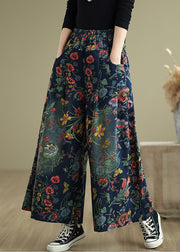 Beautiful Navy Oversized Print Denim Wide Leg Pants Summer