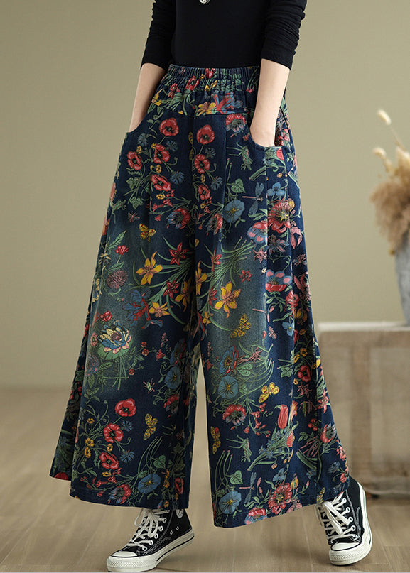 Beautiful Navy Oversized Print Denim Wide Leg Pants Summer