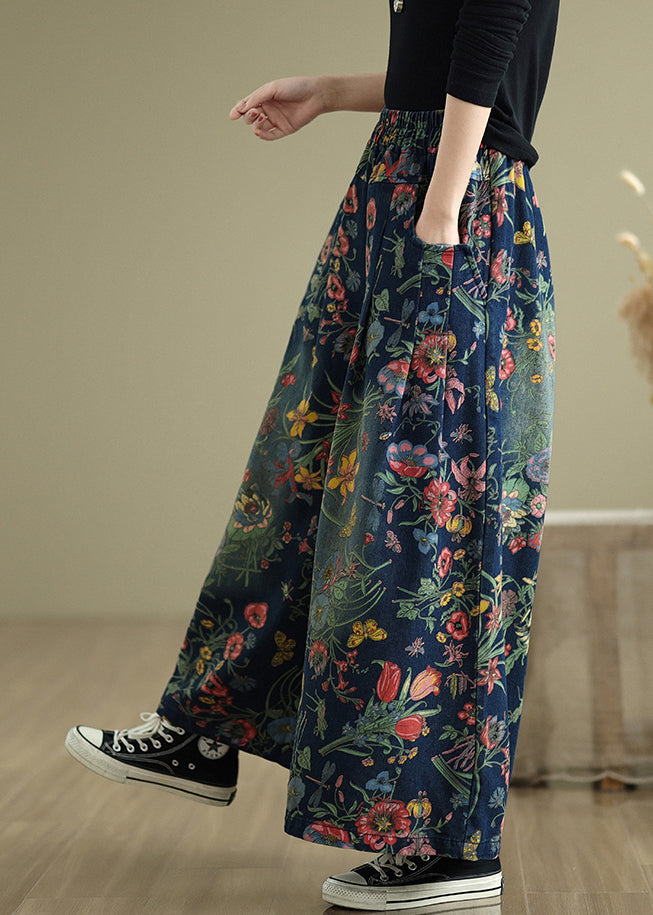 Beautiful Navy Oversized Print Denim Wide Leg Pants Summer