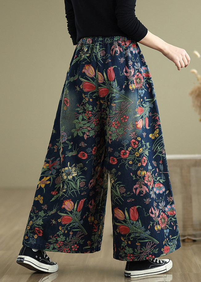 Beautiful Navy Oversized Print Denim Wide Leg Pants Summer