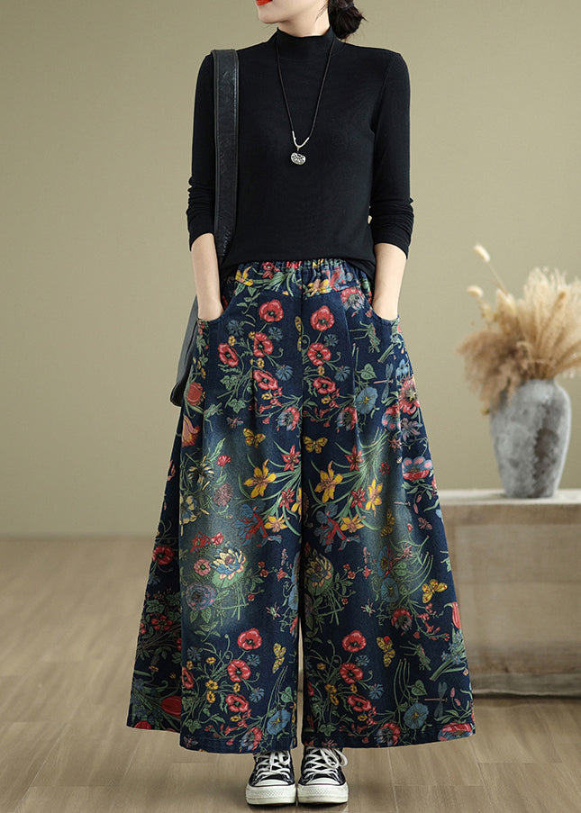Beautiful Navy Oversized Print Denim Wide Leg Pants Summer