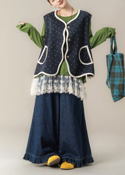 Beautiful Navy Print Vest T Shirt And Pants Cotton Three Pieces Set Fall