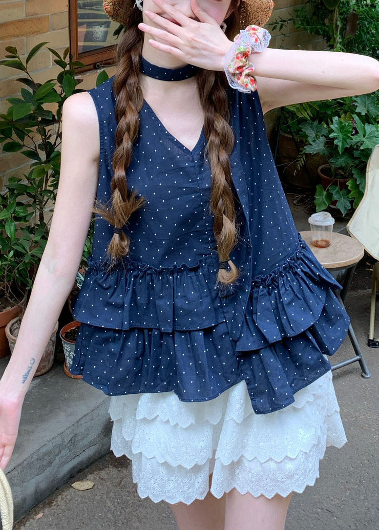 Beautiful Navy Ruffled Print Cotton Tanks Sleeveless