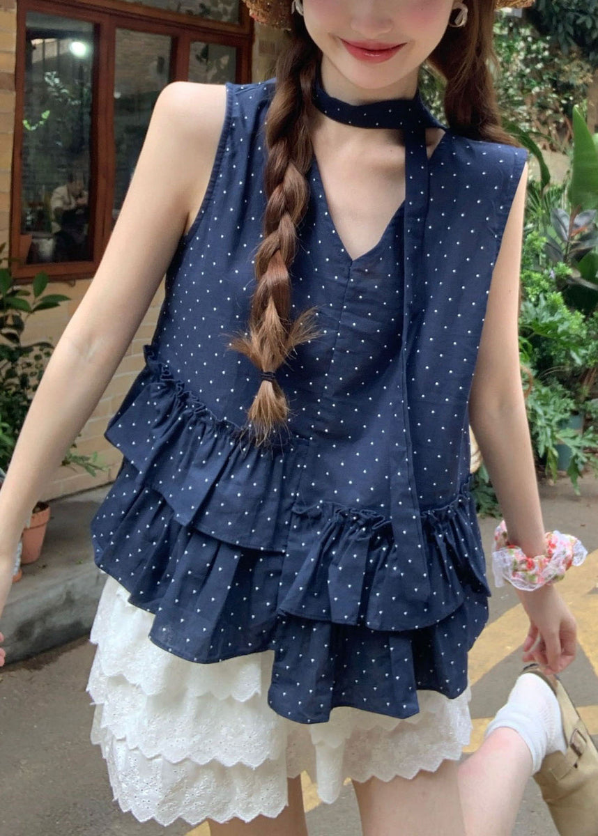 Beautiful Navy Ruffled Print Cotton Tanks Sleeveless – SooLinen
