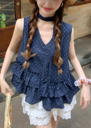Beautiful Navy Ruffled Print Cotton Tanks Sleeveless