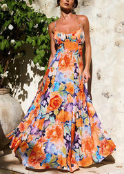 Beautiful Orange Print Lace Up Cotton Spaghetti Strap Dress Sleeveless