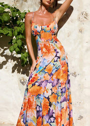 Beautiful Orange Print Lace Up Cotton Spaghetti Strap Dress Sleeveless