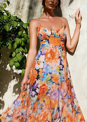 Beautiful Orange Print Lace Up Cotton Spaghetti Strap Dress Sleeveless