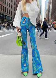 Beautiful Peacock Blue Print Butt Scrunch Flared Trousers Fall