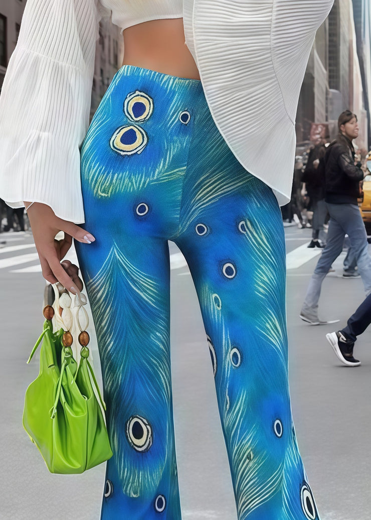 Beautiful Peacock Blue Print Butt Scrunch Flared Trousers Fall