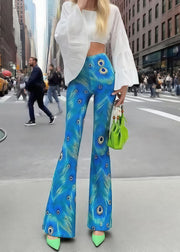 Beautiful Peacock Blue Print Butt Scrunch Flared Trousers Fall