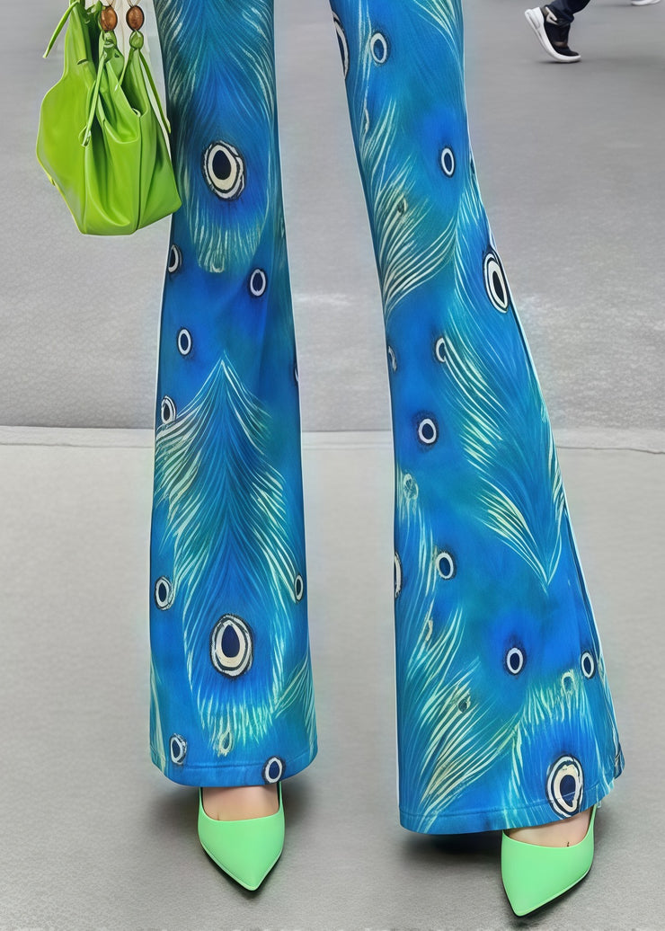 Beautiful Peacock Blue Print Butt Scrunch Flared Trousers Fall