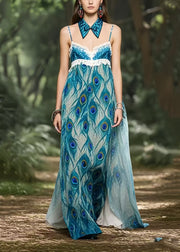 Beautiful Peacock Blue Print Chiffon Strapless Dress Summer
