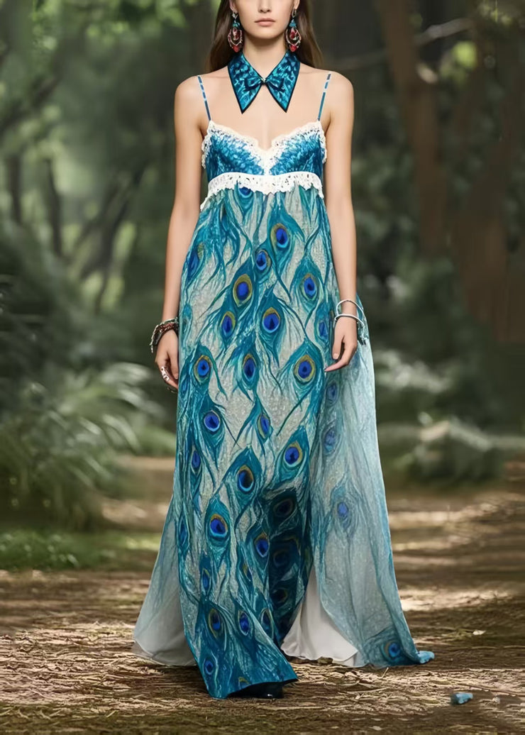 Beautiful Peacock Blue Print Chiffon Strapless Dress Summer