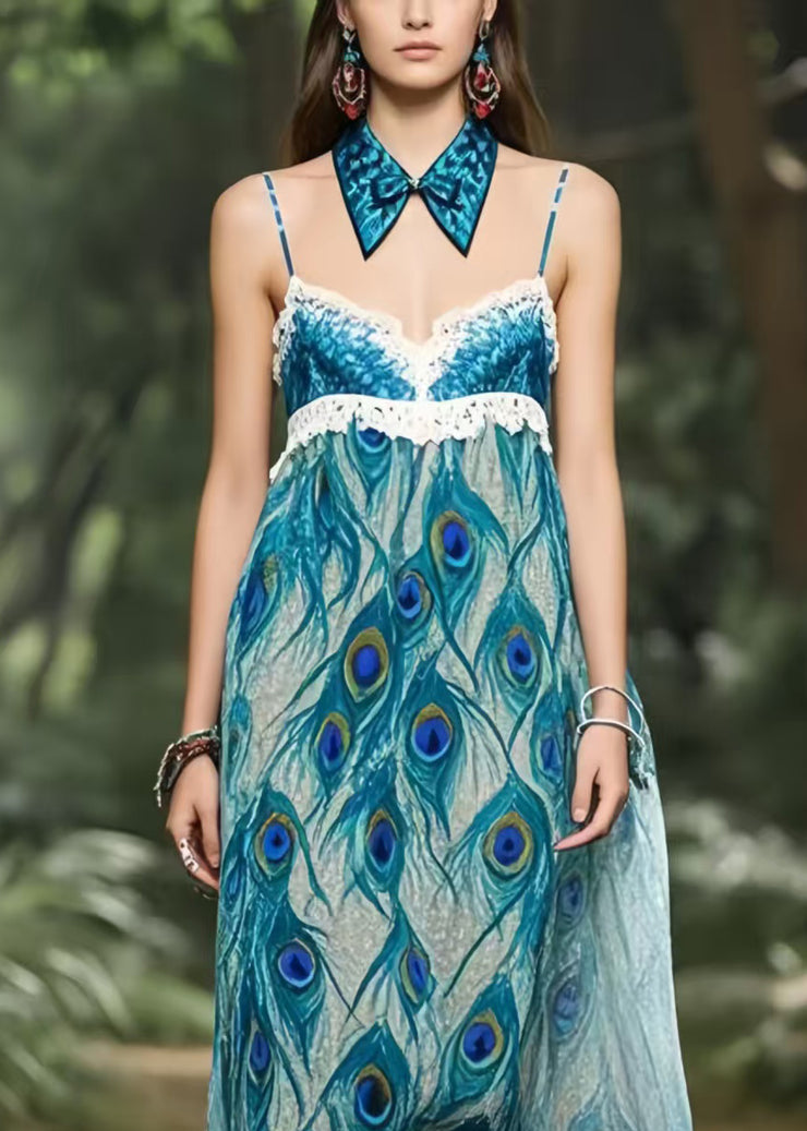 Beautiful Peacock Blue Print Chiffon Strapless Dress Summer