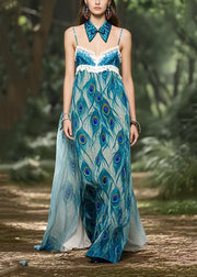 Beautiful Peacock Blue Print Chiffon Strapless Dress Summer