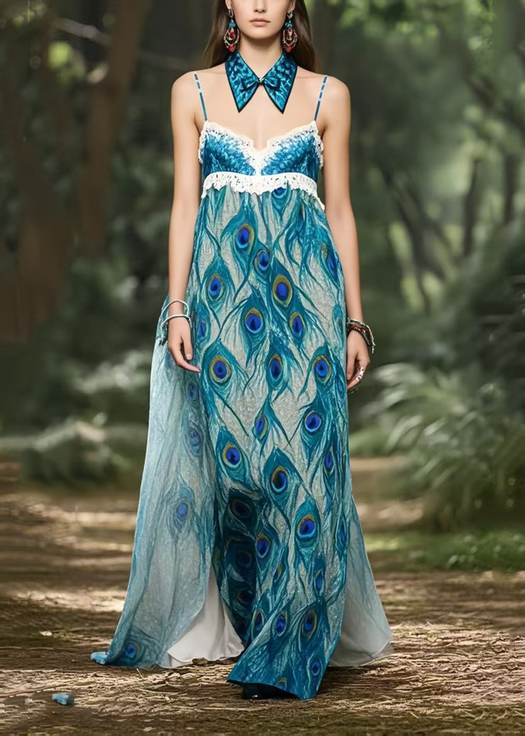 Beautiful Peacock Blue Print Chiffon Strapless Dress Summer