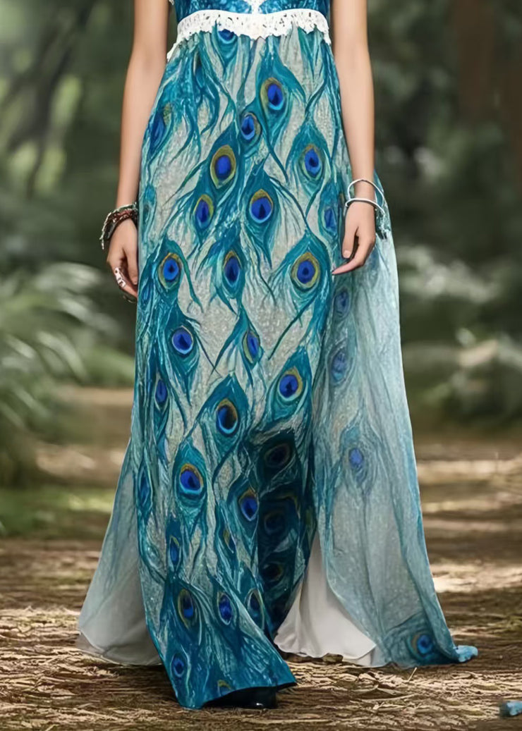 Beautiful Peacock Blue Print Chiffon Strapless Dress Summer